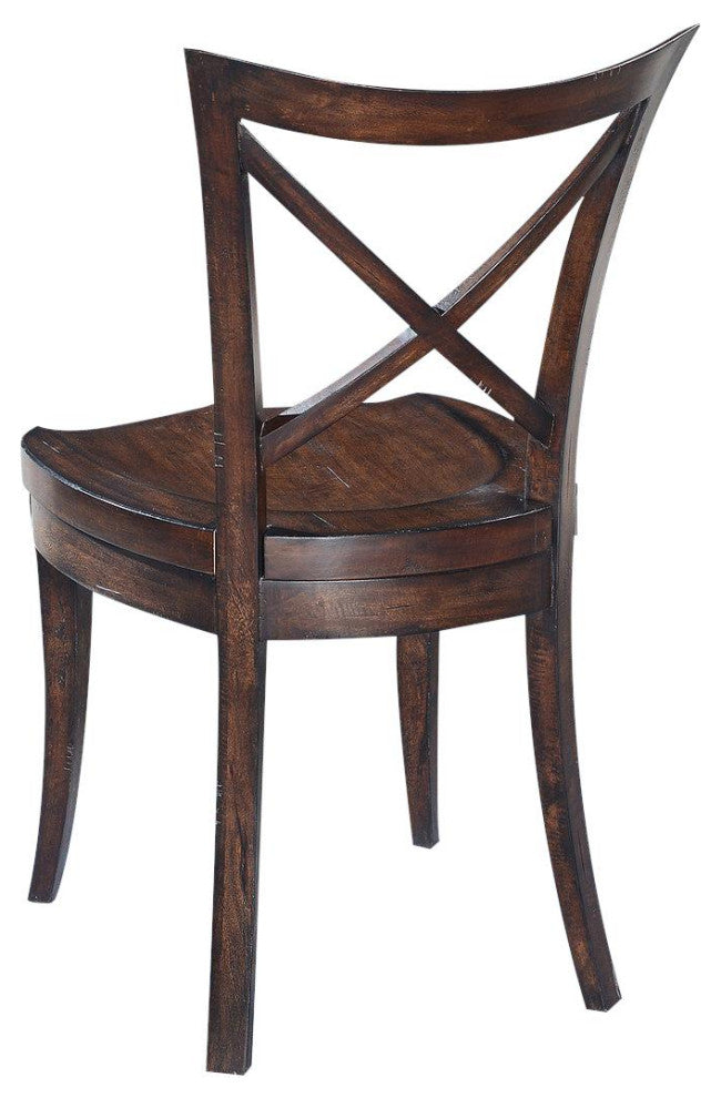 Cafe Side Chair Dining Carved Wood Saddle Seat, Curved X-Back, Dark