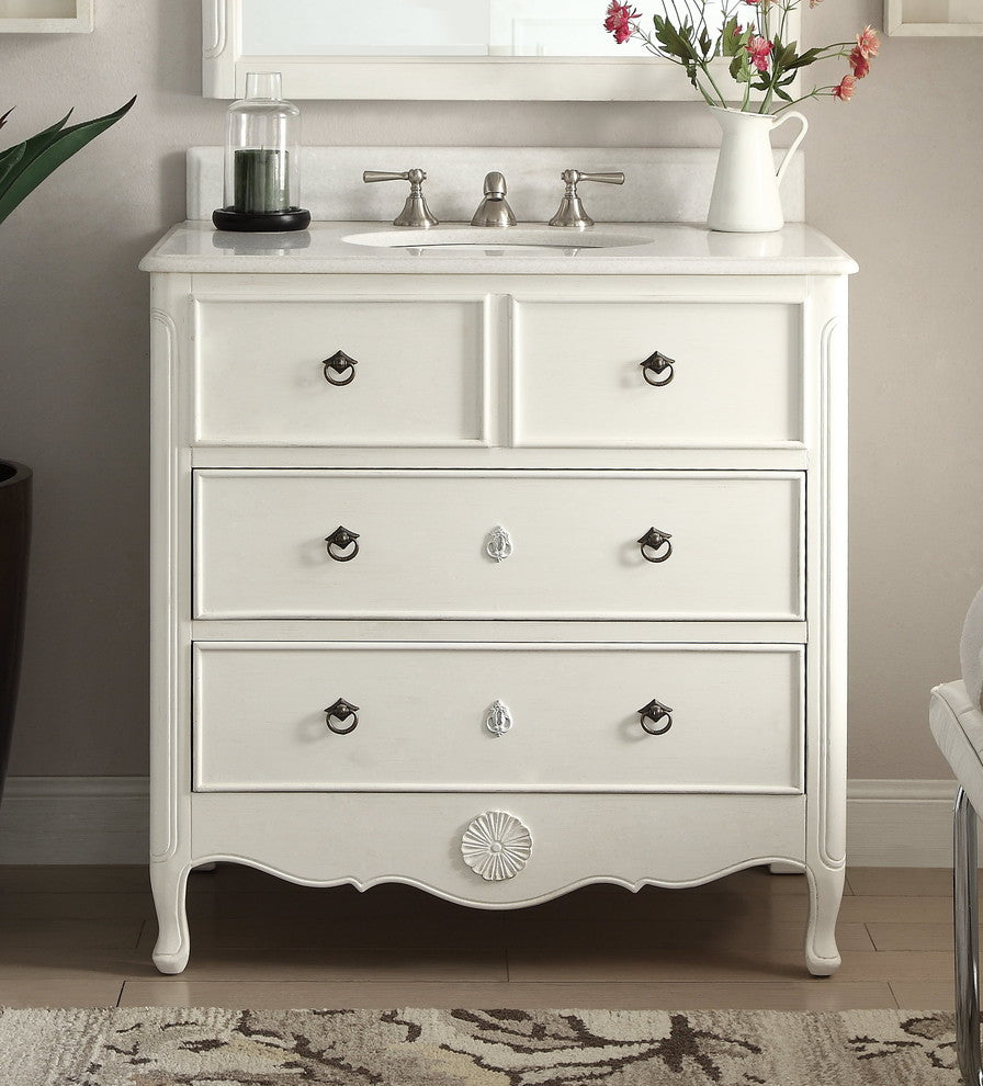 34 Inch Distressed Antique White Daleville Cottage Style Bathroom Sink Vanity, Antique White, 34''