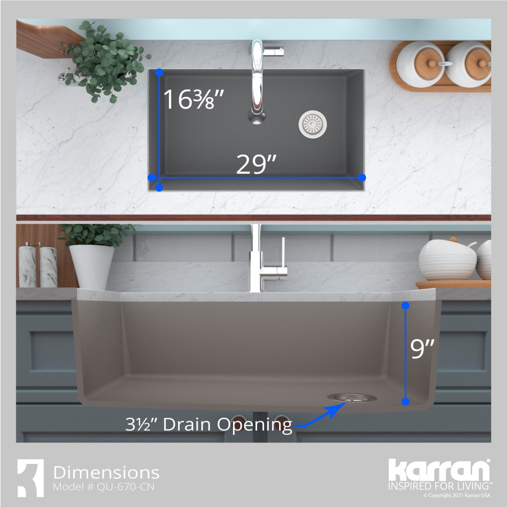Karran Undermount Quartz Composite 32" Single Bowl Kitchen Sink, Concrete