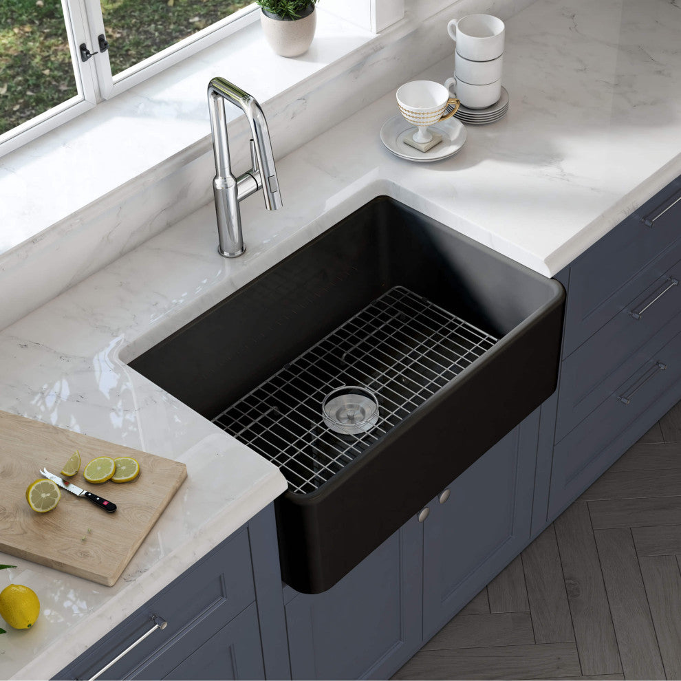 Pure 30" Fireclay Kitchen Farmhouse Apron Front Single Bowl Sink, Matte Black