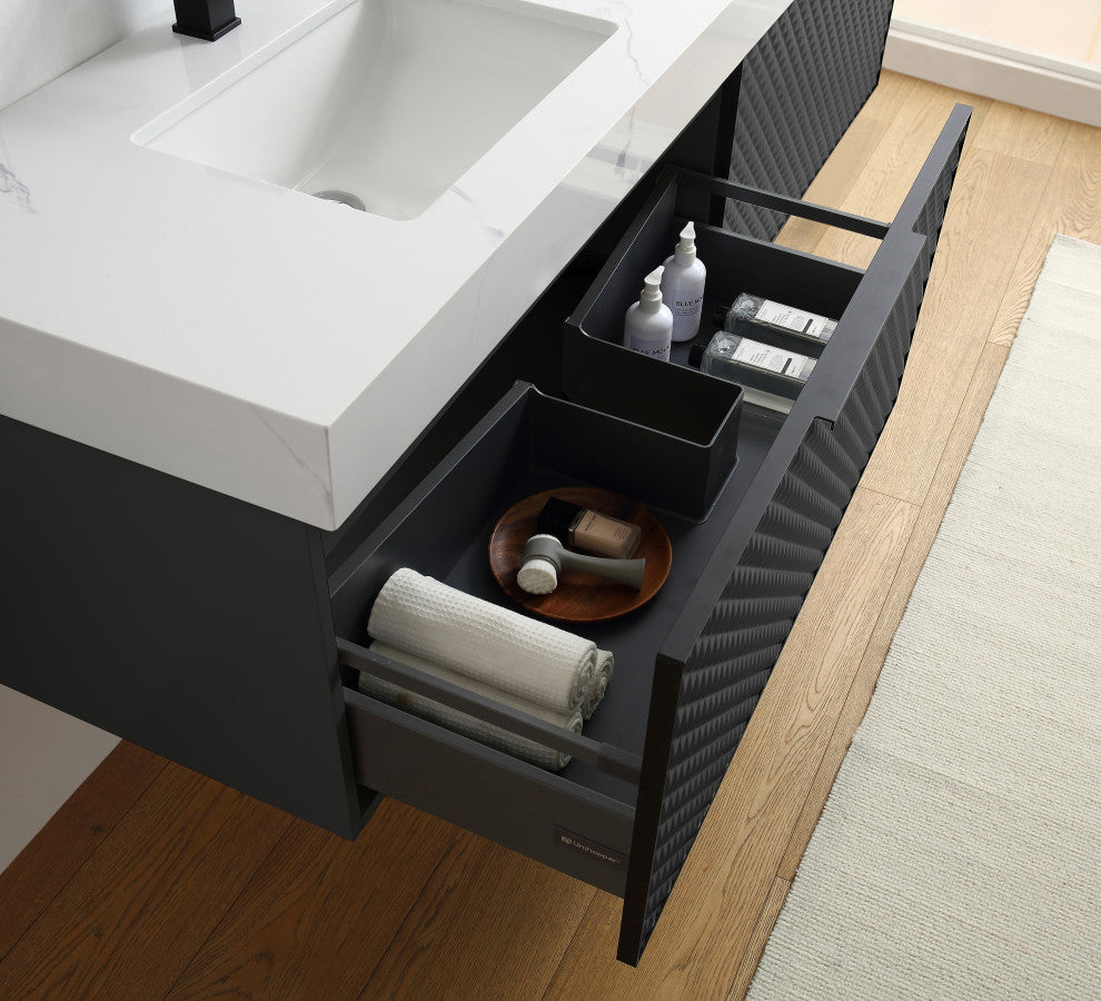 Manarola with Thick Quartz Wall Mount Vanity, Black of Night, 72"