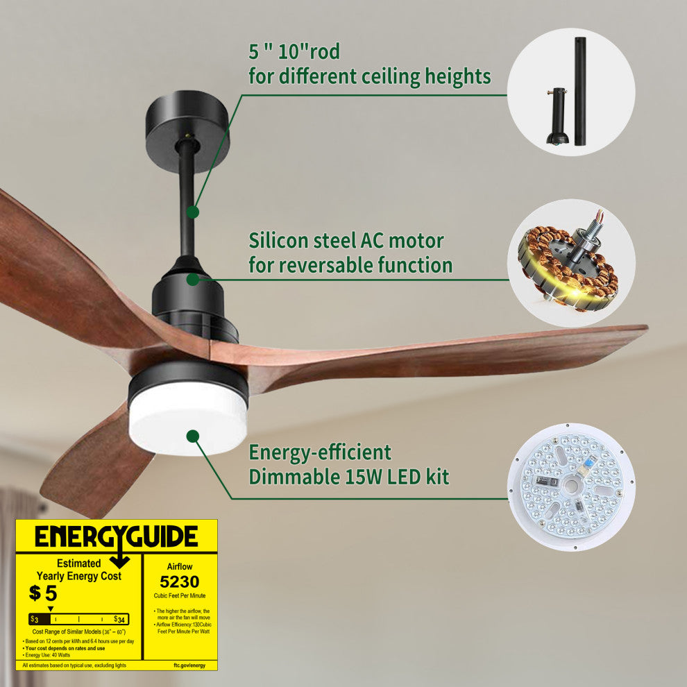 52" Solid Wood Ceiling Fan and Remote Control Reversible Blades, Matte Blck