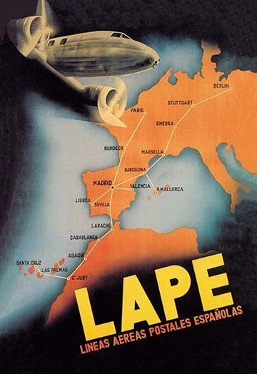 Lape - Spanish Postal Airlines European Routes - Fine Art Giclee Print 24" x 36"