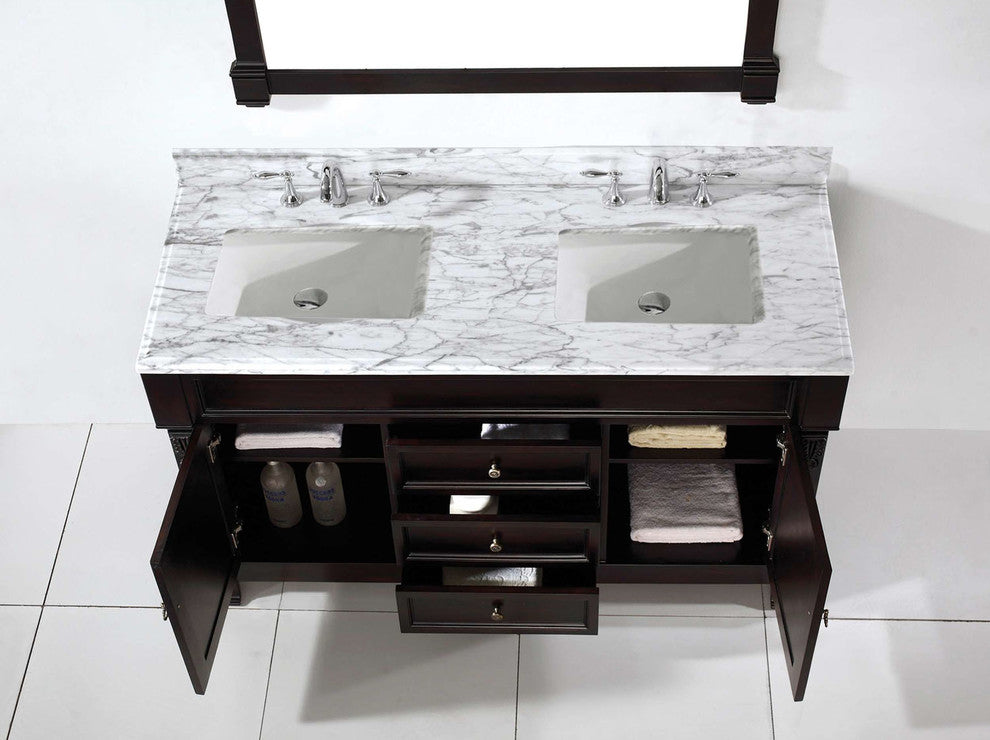 Virtu Huntshire 60" Double Bathroom Vanity, Dark Walnut With Faucet and Mirror