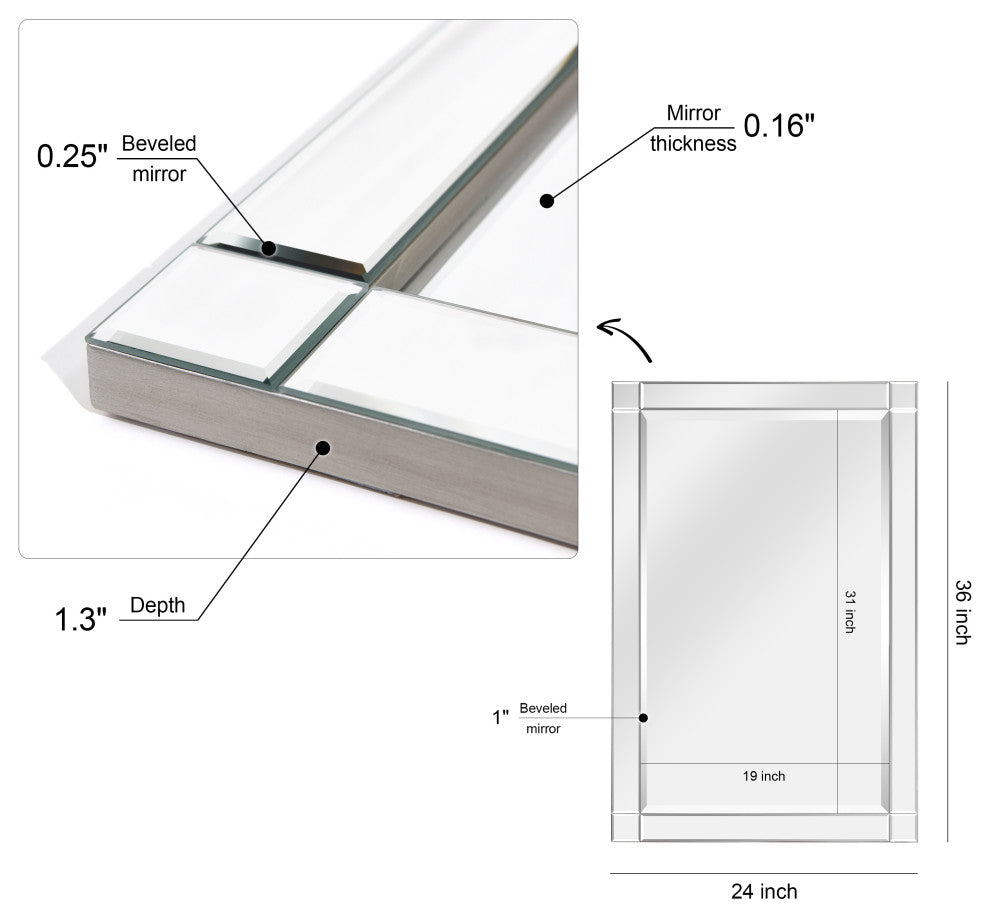 Squared Corner Beveled Rectangle Wall Mirror, Solid Wood Frame Mirror, 36" X 24"