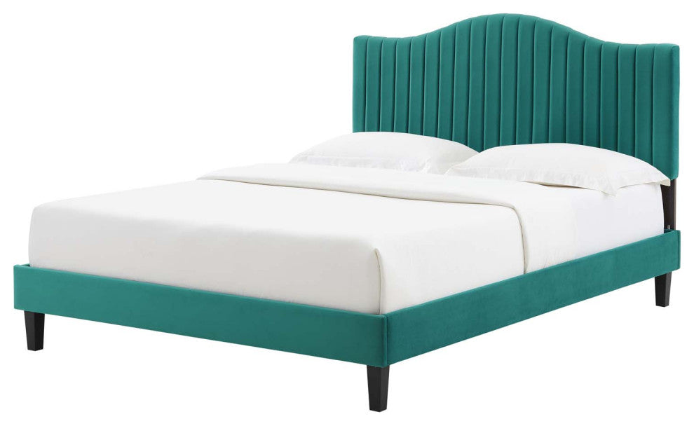 Tufted Platform Bed Frame, King Size, Velvet, Teal Blue, Modern Contemporary
