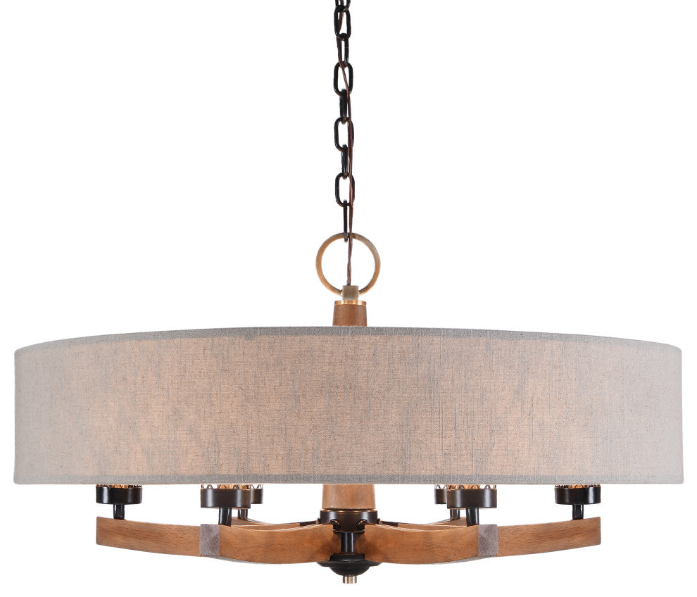 Mid Century Modern Wide Shade Drum Chandelier, 6 Light Wood Arm Bronze Pendant