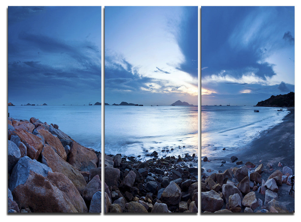 "Blue Sea Sunset on Sandy Coastline" Metal Wall Art, 3 Panels, 36"x28"