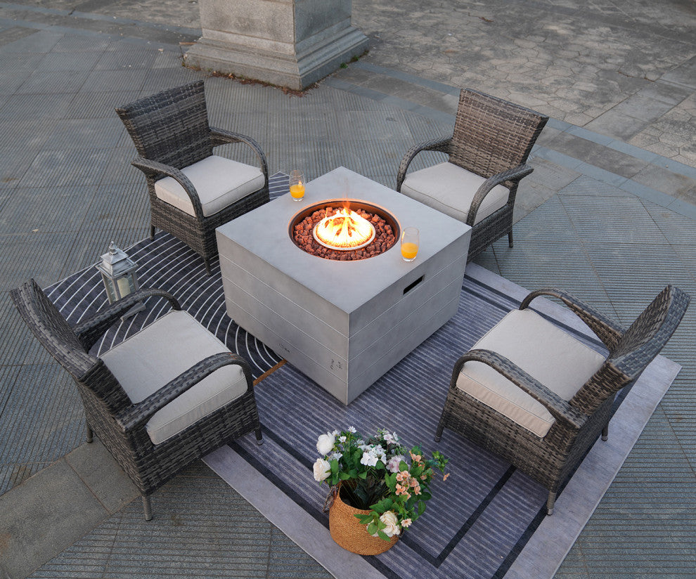 Patio Wood Coating Propane Fire Pit Table with Cushioned Chairs, Square