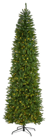 9' Slim Green Mountain Pine Artificial Christmas Tree With 600 Clear LED Lights
