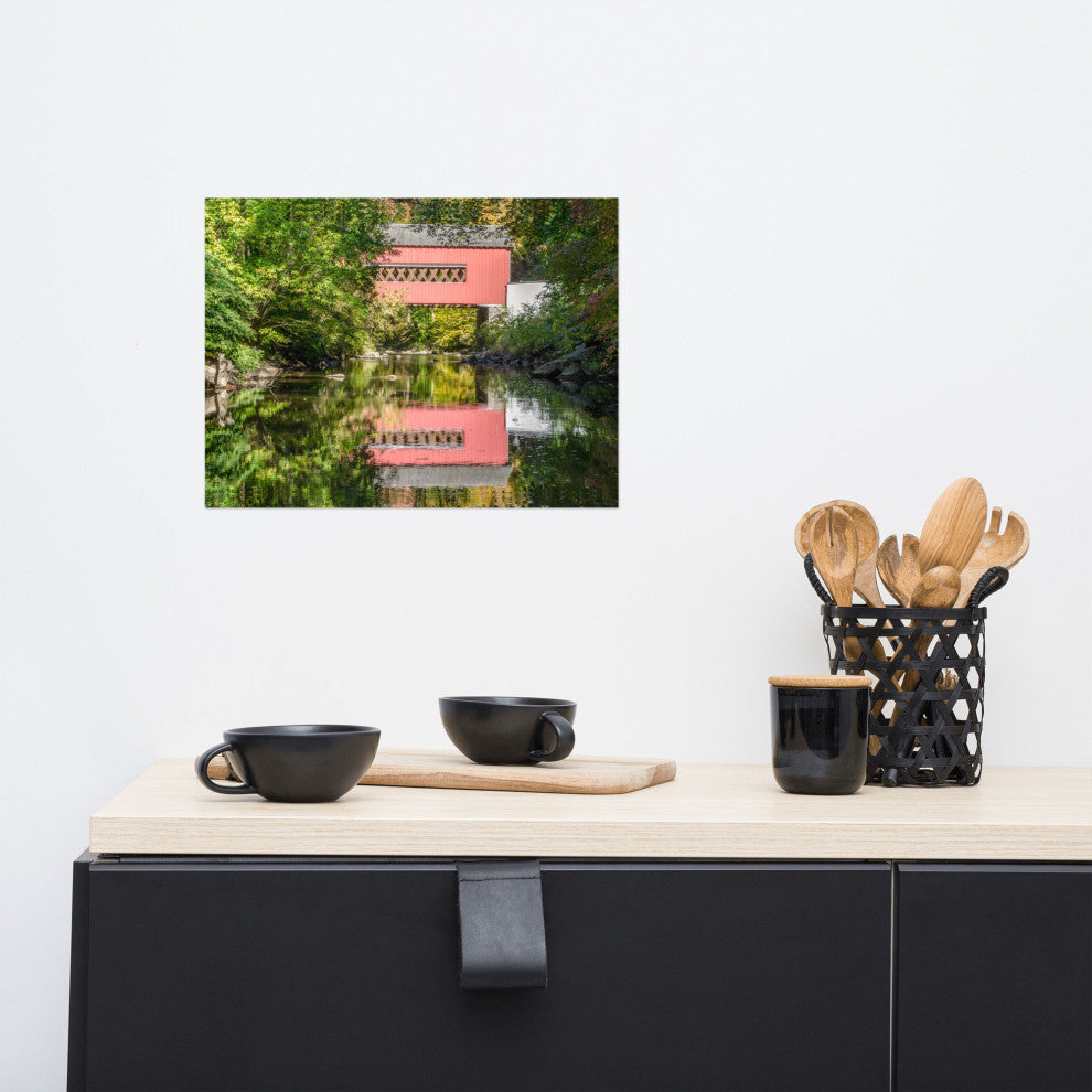 The Reflection of Wooddale Covered Bridge Unframed Wall Art Print, 12" X 16"