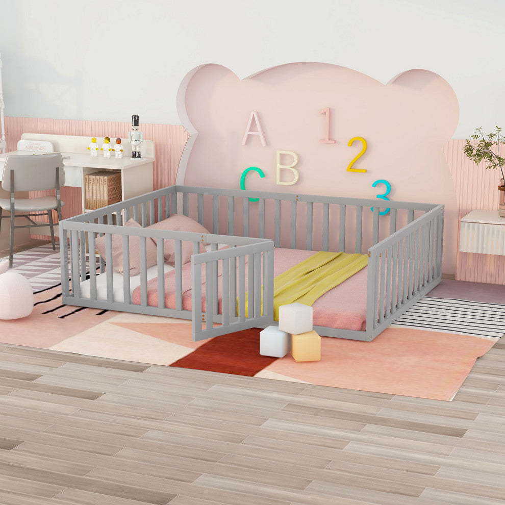 TATEUS Stylish and Versatile Floor Bed for Kids"™Bedroom Fences, Gray, Queen
