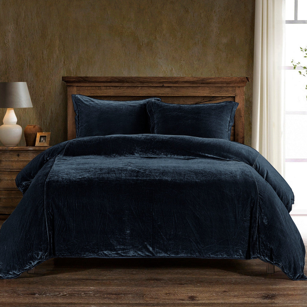 Stella Faux Silk Velvet Duvet Cover Set, 3PC, Midnight Blue, King