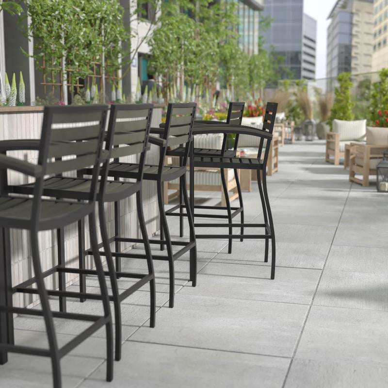 Lark Commercial Grade Outdoor Bar Height Stool with Arms, Gray Wash
