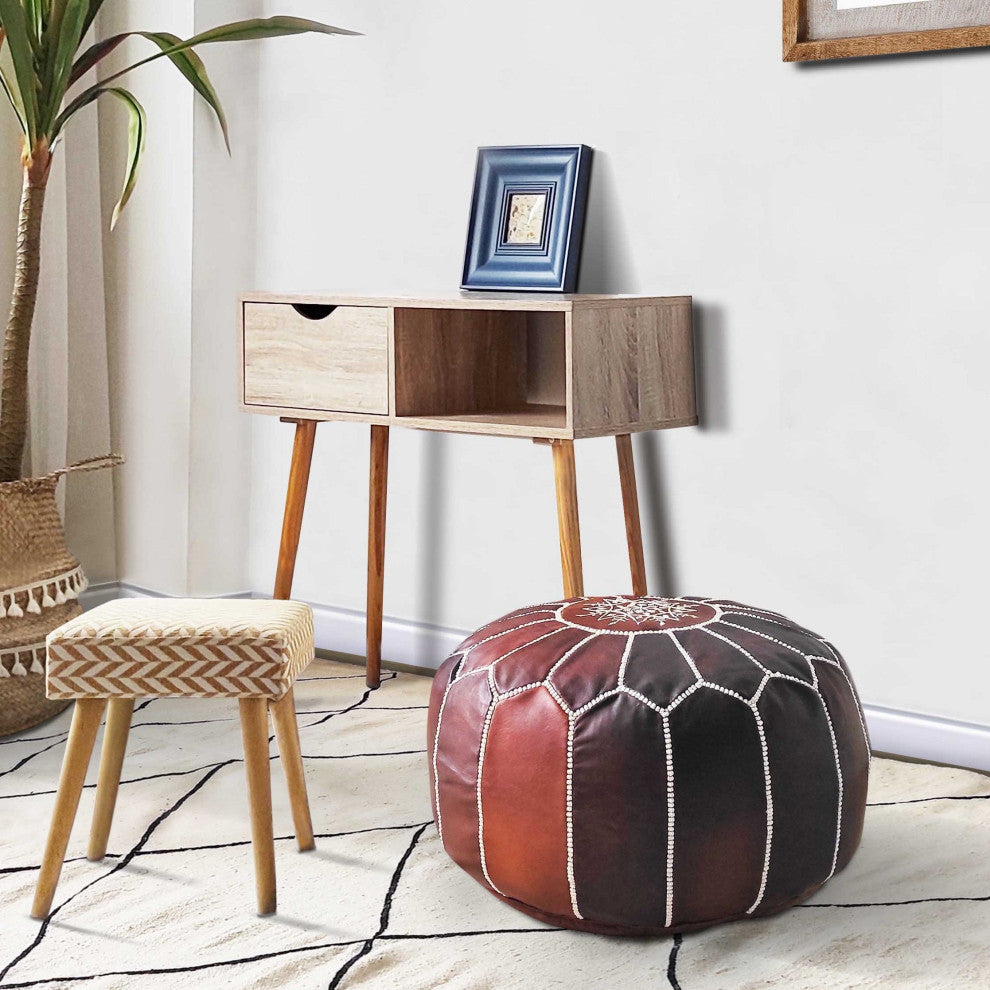 7 Colors Handmade Moroccan Ottomans, Genuine Leather Poufs, Rustic Brown
