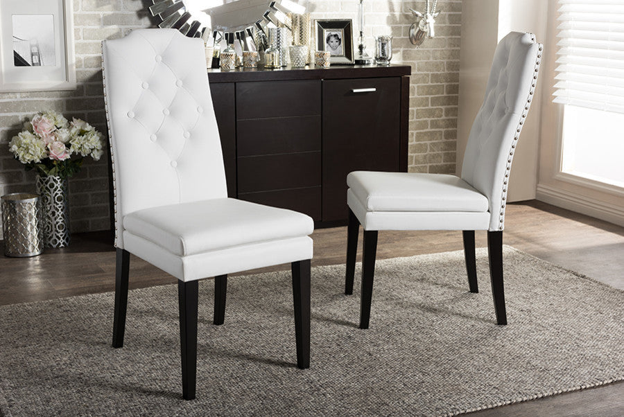 Dylin Faux Leather Button-Tufted Nail Heads Trim Dining Chair, Set of 2, White