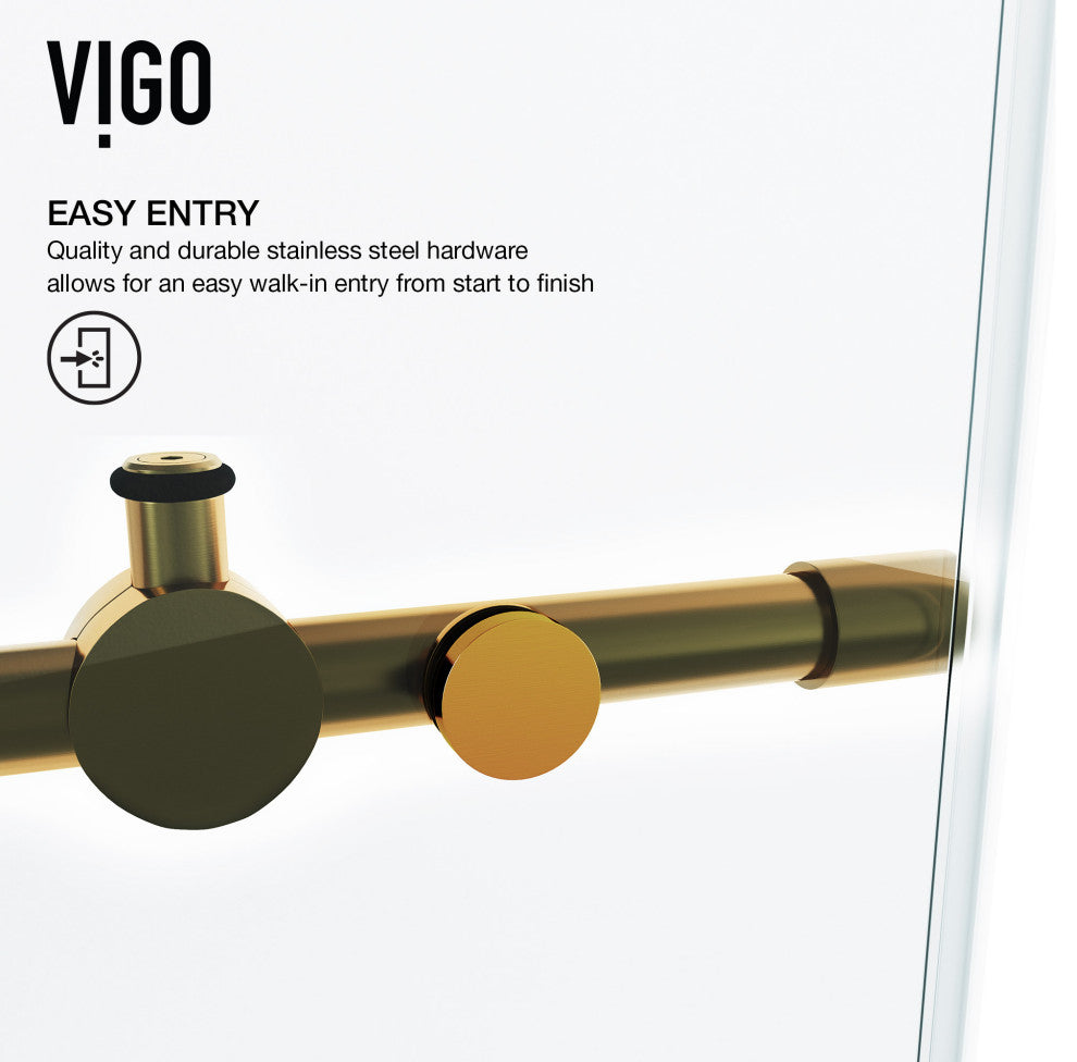 VIGO Elan 56" to 60" W x 74" H Frameless Sliding Shower Door, Matte Gold, Clear Glass
