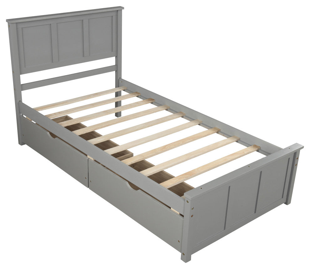 Gewnee Platform Storage Bed, 2 drawers with wheels, Twin Size Frame in Gray