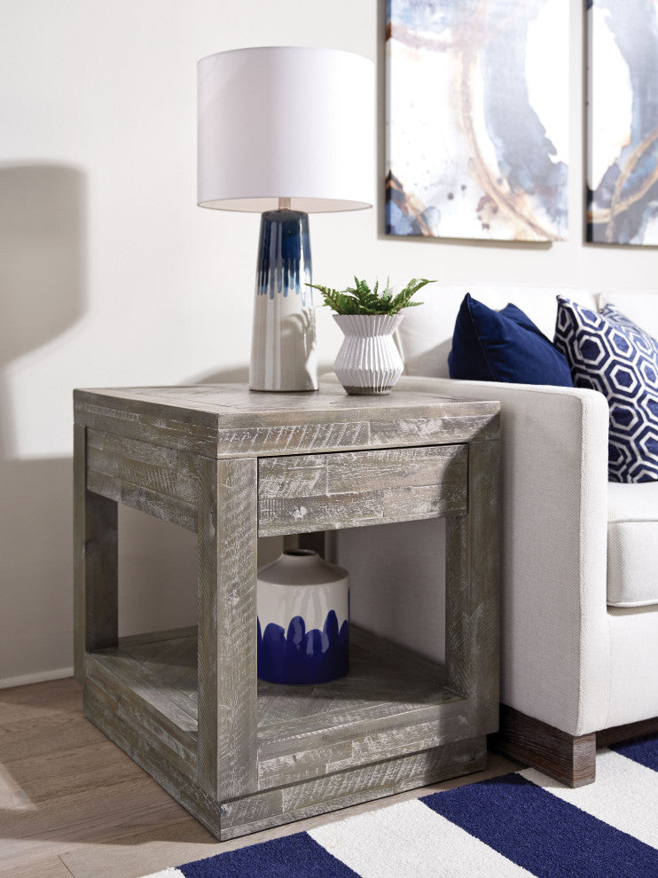 Modus Herringbone Solid Wood One Drawer End Table in Rustic Latte