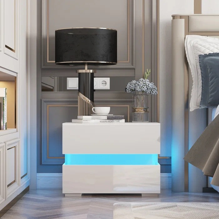 Modern LED Light Nightstand w/2 Drawers with 20 Colors, White