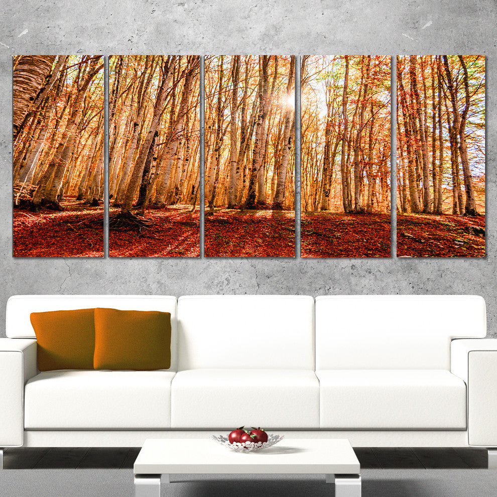 Bright Sun over Thick Fall Forest, Modern Forest Canvas Art, 60"x28", 5 Panels