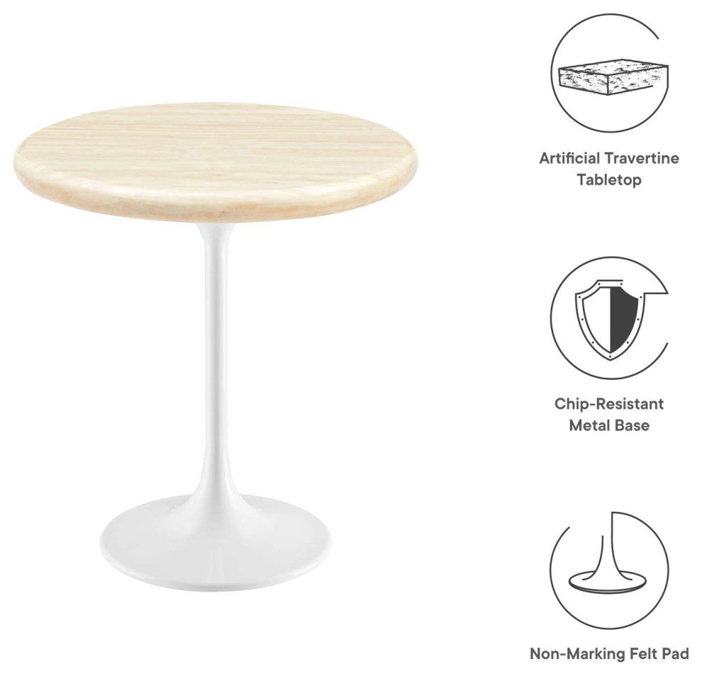 Lippa 20" Round Artificial Travertine Side Table, White Travertine