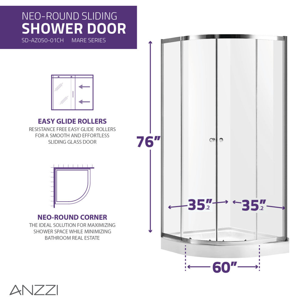 ANZZI Mare 35" x 76" Framed Sliding Shower Enclosure, Polished Chrome