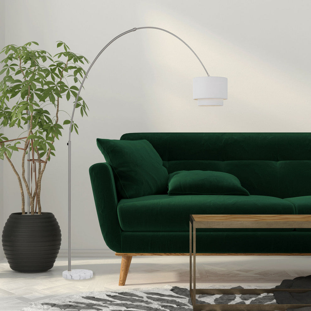 Louise Floor Lamp, White Marble Base, Ivory Fabric Shade, Brushed Chrome Finish