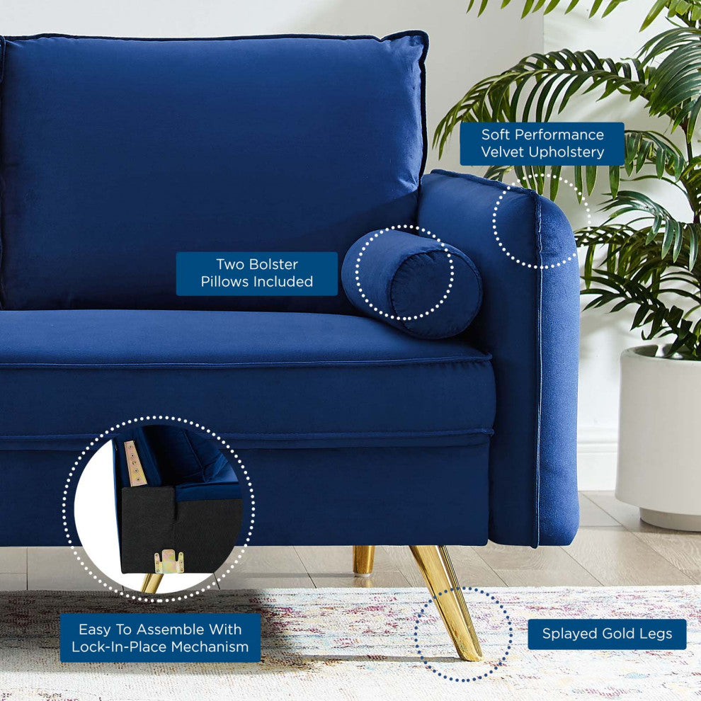 Loveseat Sofa, Velvet, Blue Navy, Modern, Living Lounge Hotel Lobby Hospitality