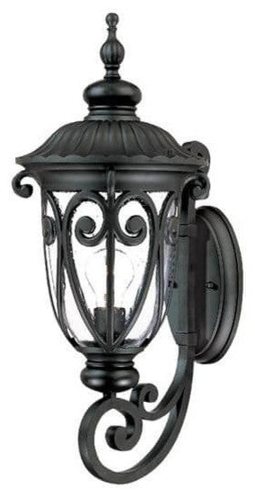 23" Tall Black Outdoor Wall Mount-Light, Hand-Blown Clear Seeded Glass