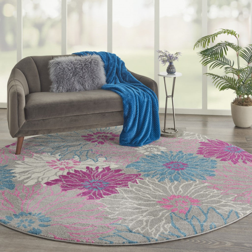 8 Round Gray and Pink Tropical Flower Area Rug