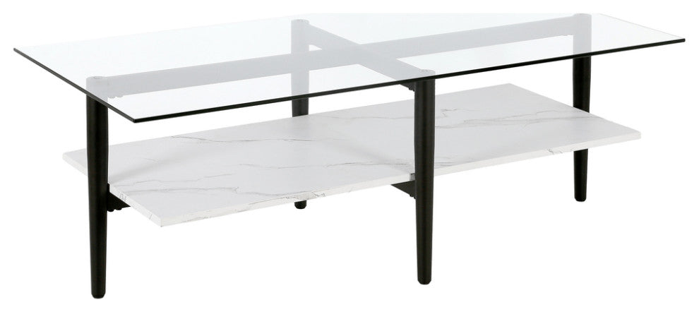 47" Black Glass And Steel Coffee Table With Shelf