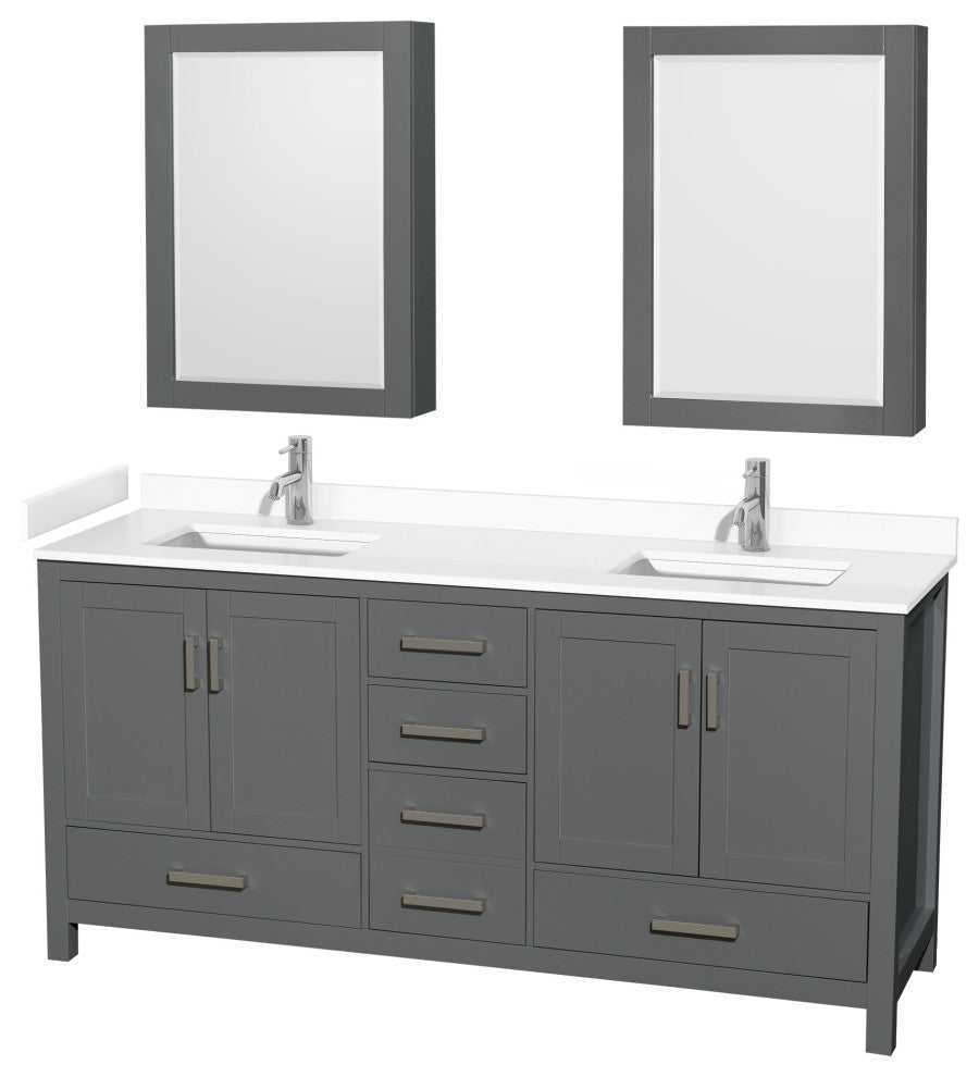 72"DBL Vanity Dark Gray, White Cult. Marble Countertop, Sinks, Med. Cabinets