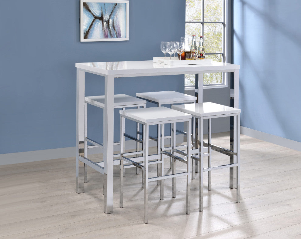 5 Piece Bar Height Dining Set, White and Chrome