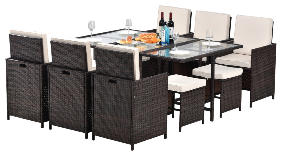 11 Pieces Outdoor Patio Wicker Furniture Dining Set Sectional With Ottomans
