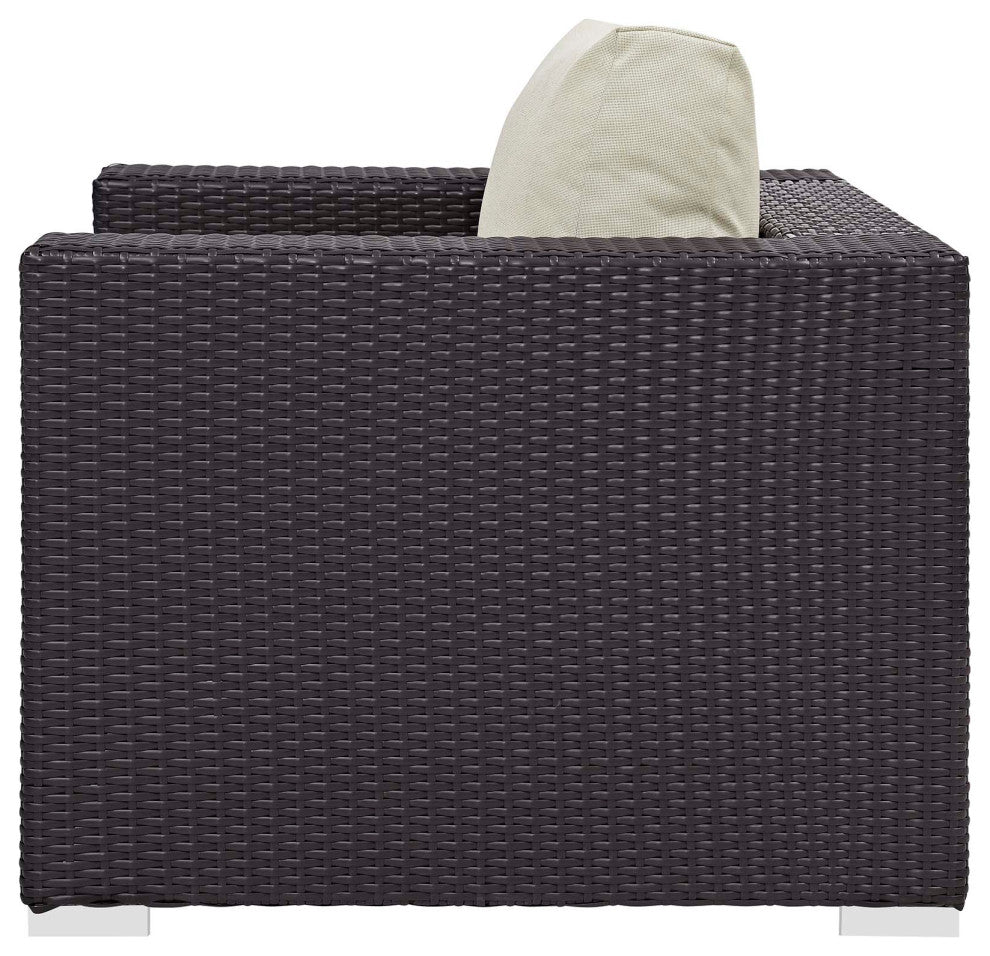 Outdoor Patio Lounge Chair and Table Fire Pit Set, Fabric Rattan Wicker, Beige
