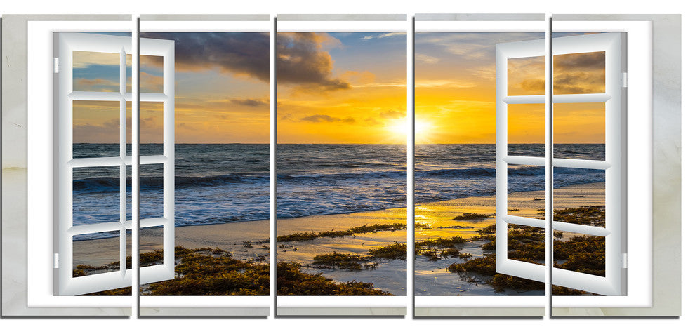"Open Window To Bright Yellow Sunset" Modern Wall Art, 5 Panels, 60"x28"