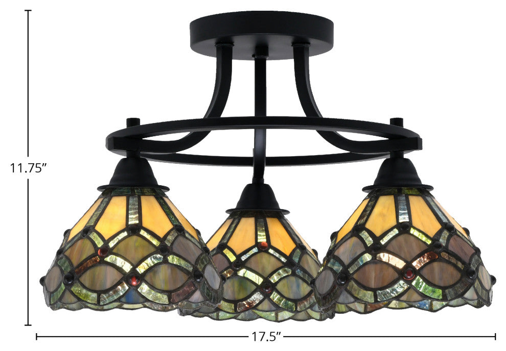 Paramount 3-Light Semi-Flush Light, Matte Black, 7" Grand Merlot Art Glass