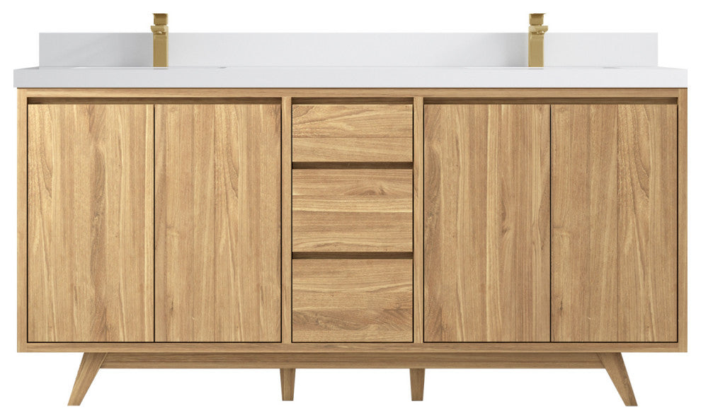 Madison Teak 72 Double Sink Bath Vanity in Light Natural 2" White Quartz