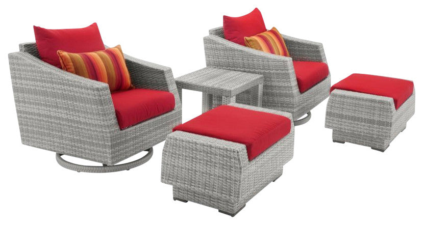 Cannes 5 Piece Aluminum Outdoor Patio Motion Club Chair and Ottoman Set, Sunset Red