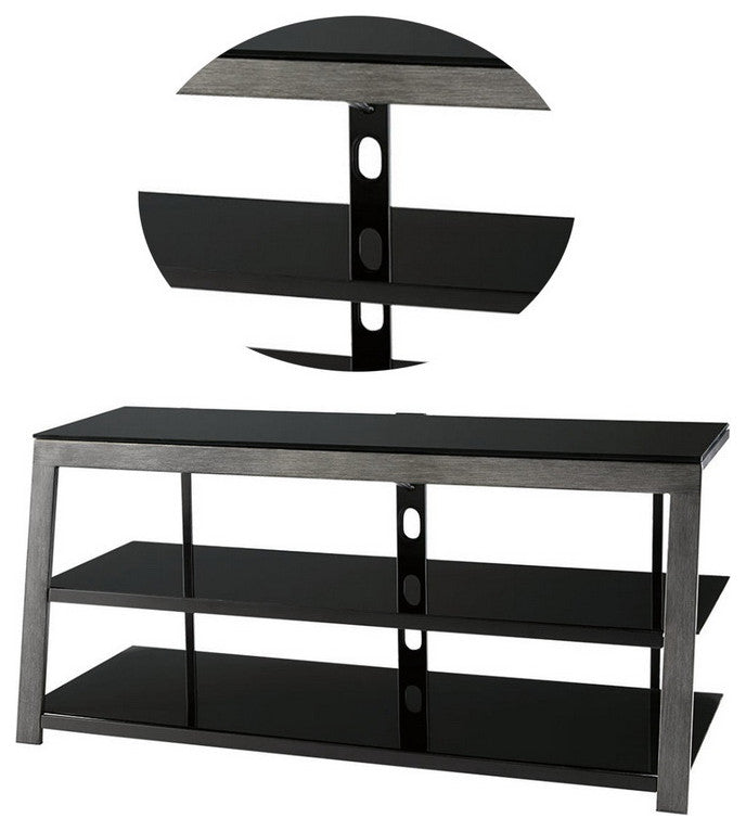 Benzara BM194845 Metal Framed TV Stand with Tempered Glass Shelves, Black & Gray