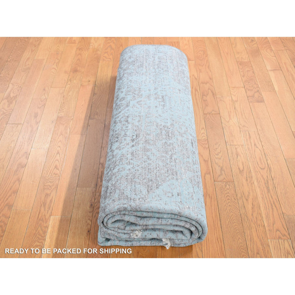 Sea Foam Green Wool and Silk Hand Knotted Broken Persian Design Rug 8'x10'