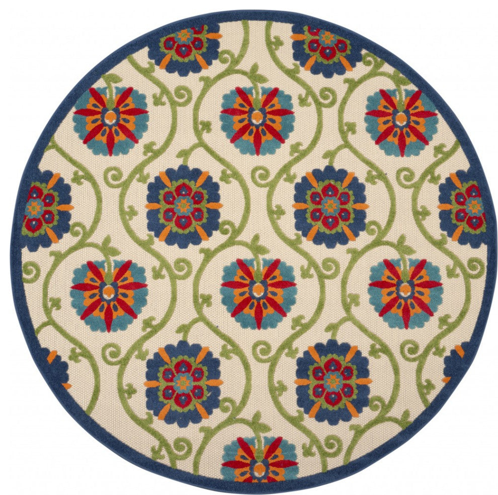 8' Round Ivory And Blue Round Floral Indoor Outdoor Area Rug