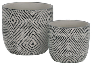2-Piece Terracotta Decorative Planter Set With Lattice Diamond Design, Black