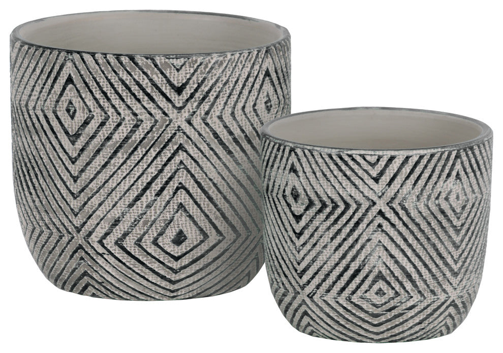 2-Piece Terracotta Decorative Planter Set With Lattice Diamond Design, Black