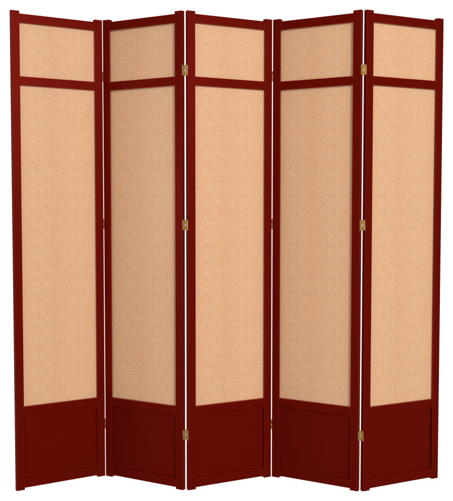 7' Tall Jute Shoji Screen, 5 Panel, Rosewood