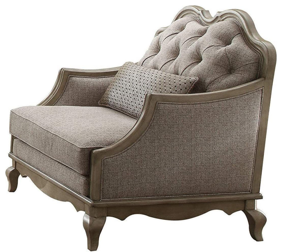 ACME Chelmsford Chair With 1 Pillow, Beige Fabric and Antique Taupe