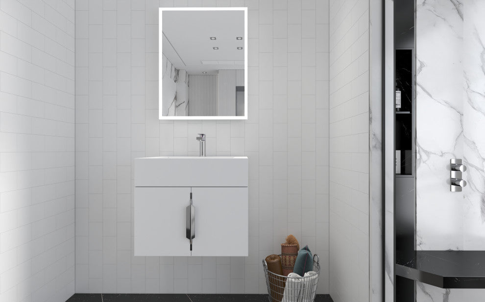 CastelloUSA Nile 24" Wall Mounted Bathroom Vanity Set, White, White Top, Chrome Handles