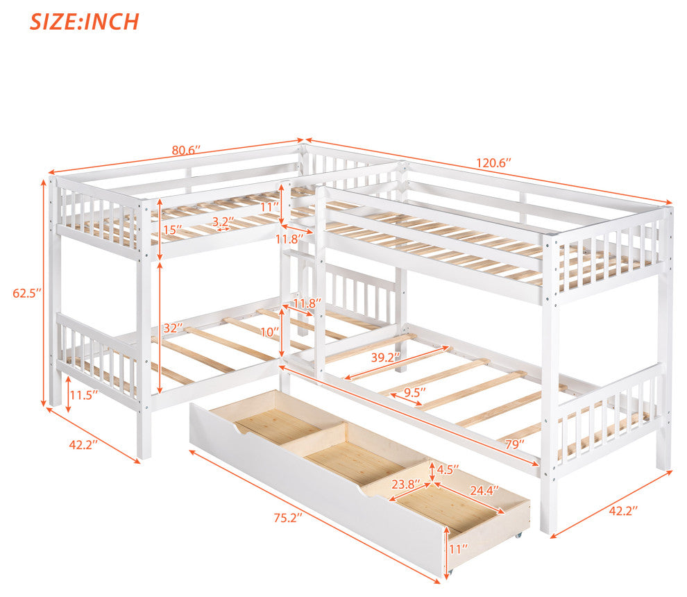 Gewnee Twin L-Shaped Bunk bed with Drawers in Gray