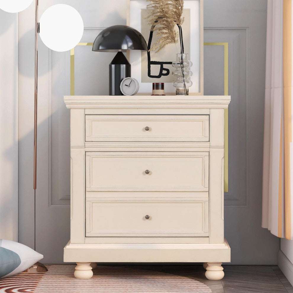 3-Drawer Wood Nightstand, Cream White, 30'' Tall